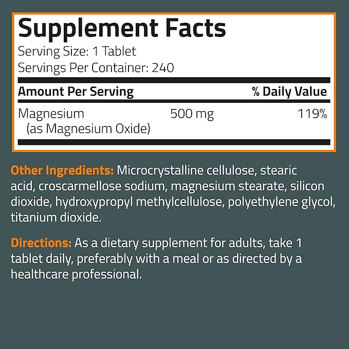 Bronson Magnesium 500 MG Supports Bone & Muscle Health & Nervous System Support - Non-GMO, 240 Vegetarian Tablets