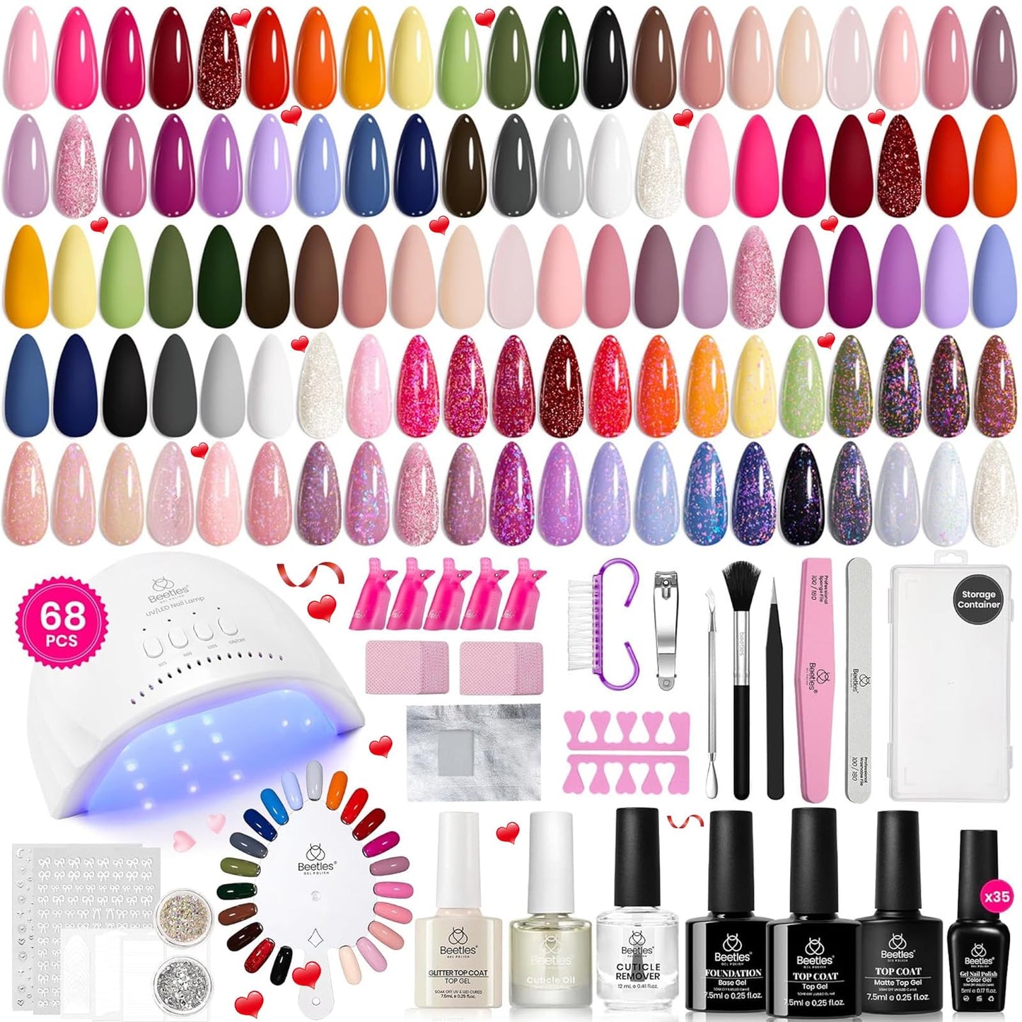 Beetles Gel Nail Polish Kit With U V Light 68Pcs Glitter Red Classic Blue Gel Nail Kit 35 Colors For Beginners With Everything G