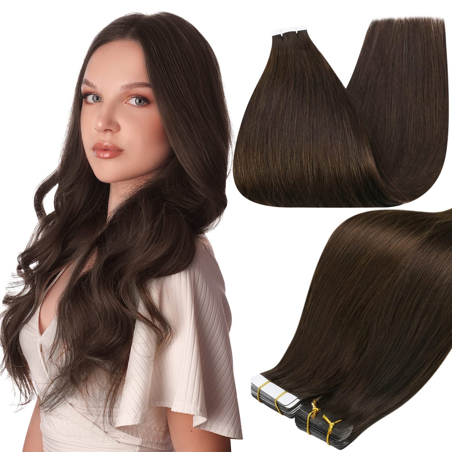Full Shine Tape In Human Hair Extensions 14 Inch Skin Weft Adhesive Tape In Hair Extension Color 2 Dark Brown Glue In Remy Human