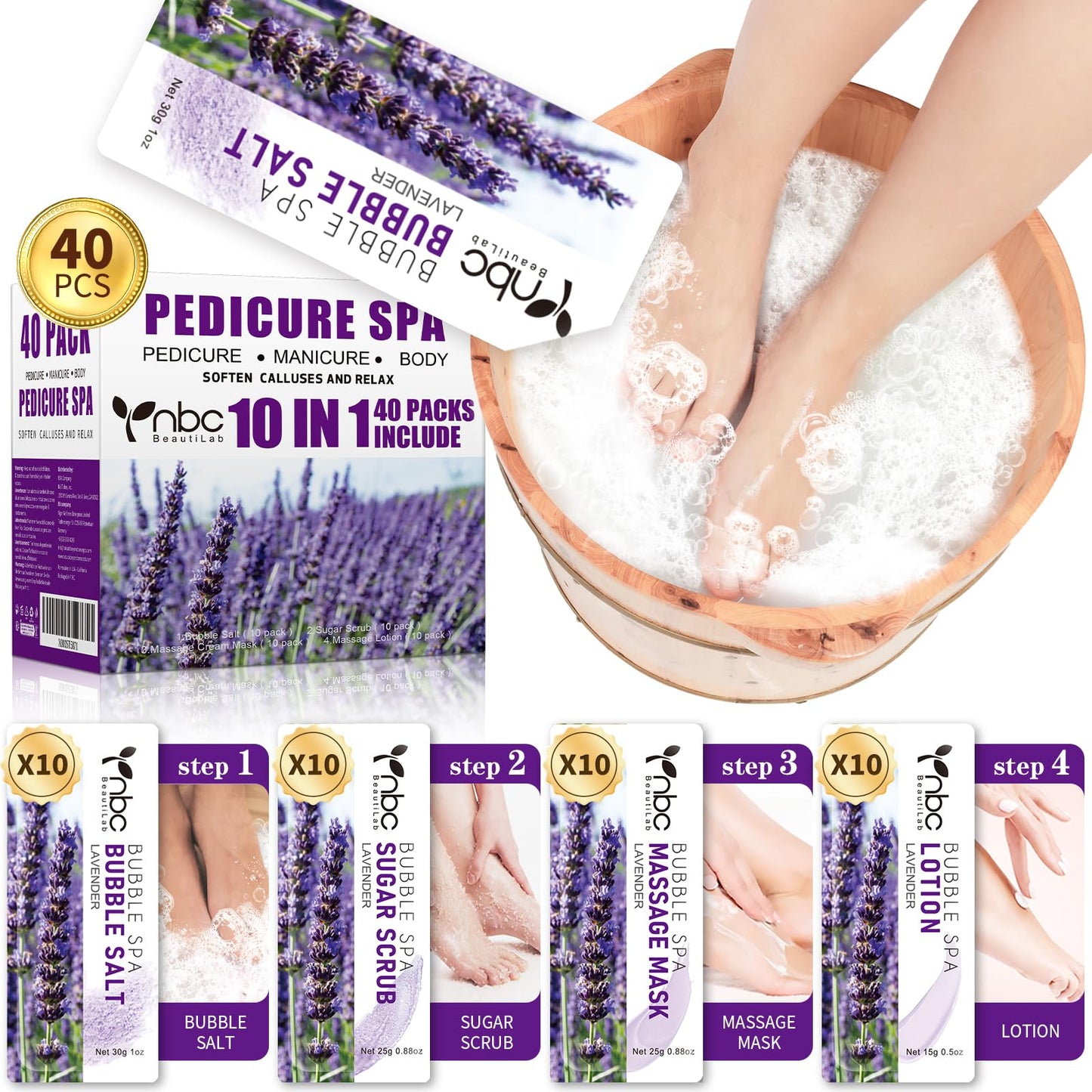 Nbc Beautilab 40 Pcs Foot Soak, Pedicure Kit Foot Soak Set With Bubble Salt, Sugar Scrub, Massage Mask, Massage Lotion In A Box