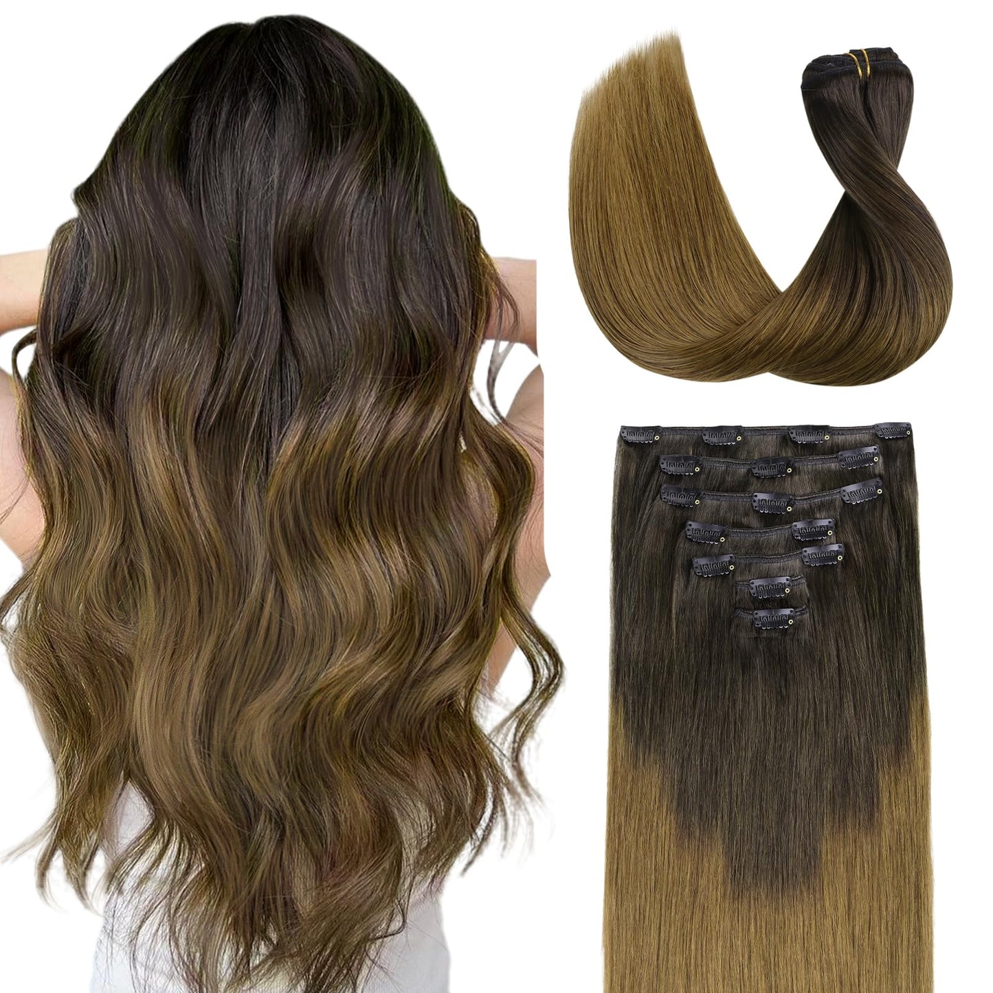 Doores Human Hair Extensions Clip Ins, Chocolate Dip Color Melt 18 Inch 7Pcs 120G, Clip In Hair Extensions Remy Natural Hair Ext