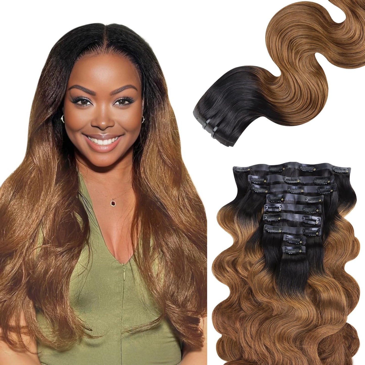 Lashey Seamless Clip In Hair Extensions Human Hair 150G 9Pcs 24 Inch Body Wave Ombre Natural Black To Medium Auburn Clip In Hair