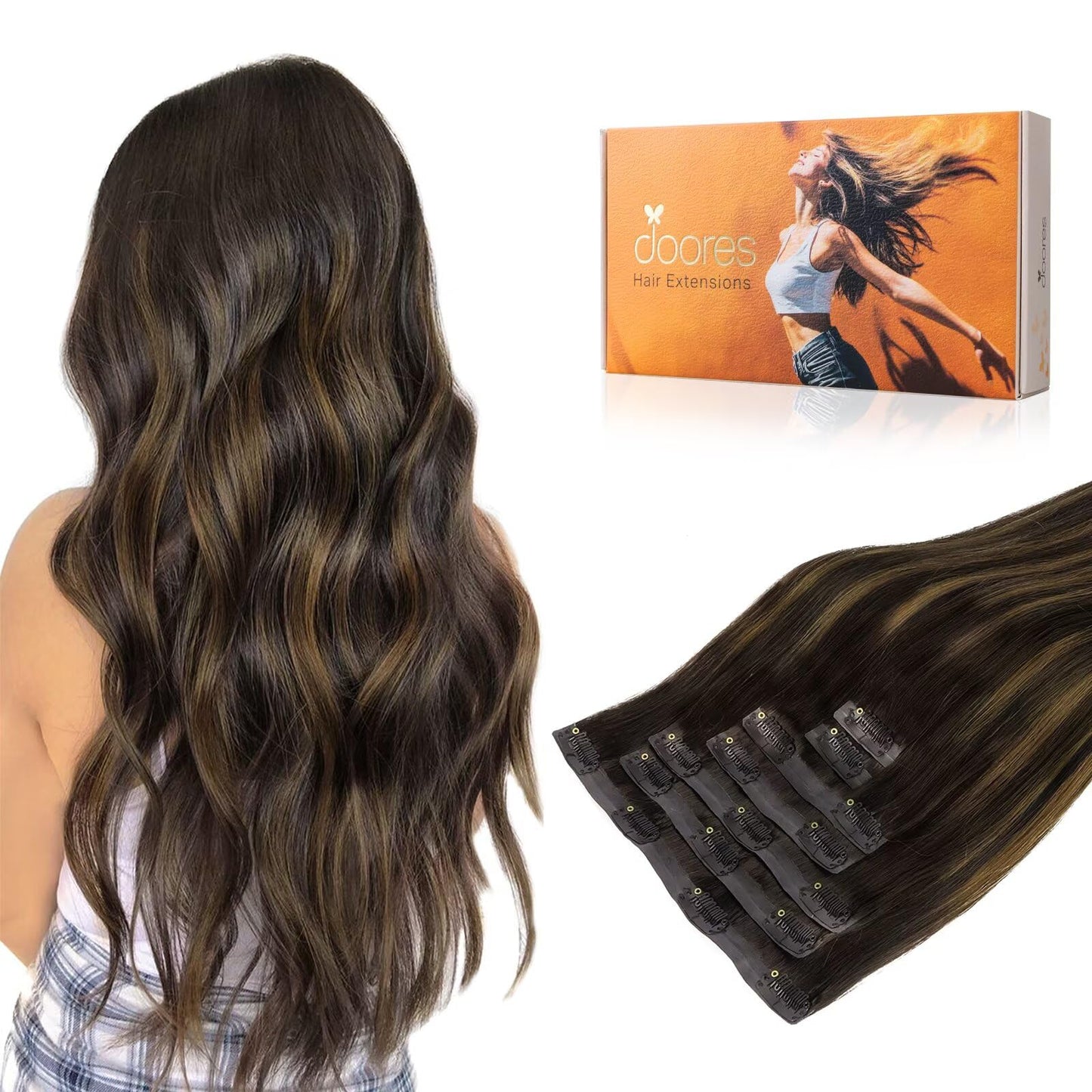 Doores Clip In Hair Extensions, Dark Brown To Chestnut Brown 7Pcs 110G 22 Inch, Real Human Hair Seamless Clip In Hair Extensions
