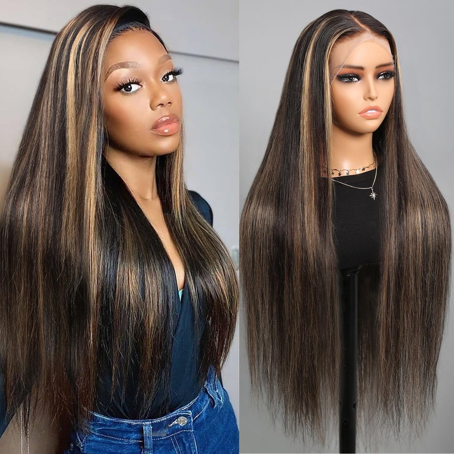 Superlook Real Bleached Knots Highlight Lace Front Wigs Human Hair 220% Density Balayage Glueless Wigs Human Hair 18 Inch 13X4 O