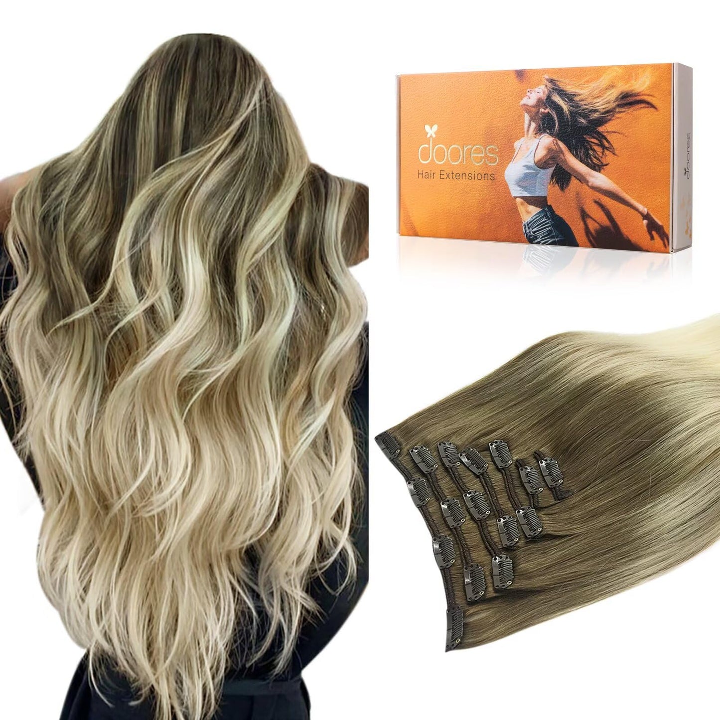 Doores Human Hair Extensions Clip In Ash Brown To Platinum Blonde 14 Inch 120G 7Pcs Real Clip In Hair Extensions Straight Natura