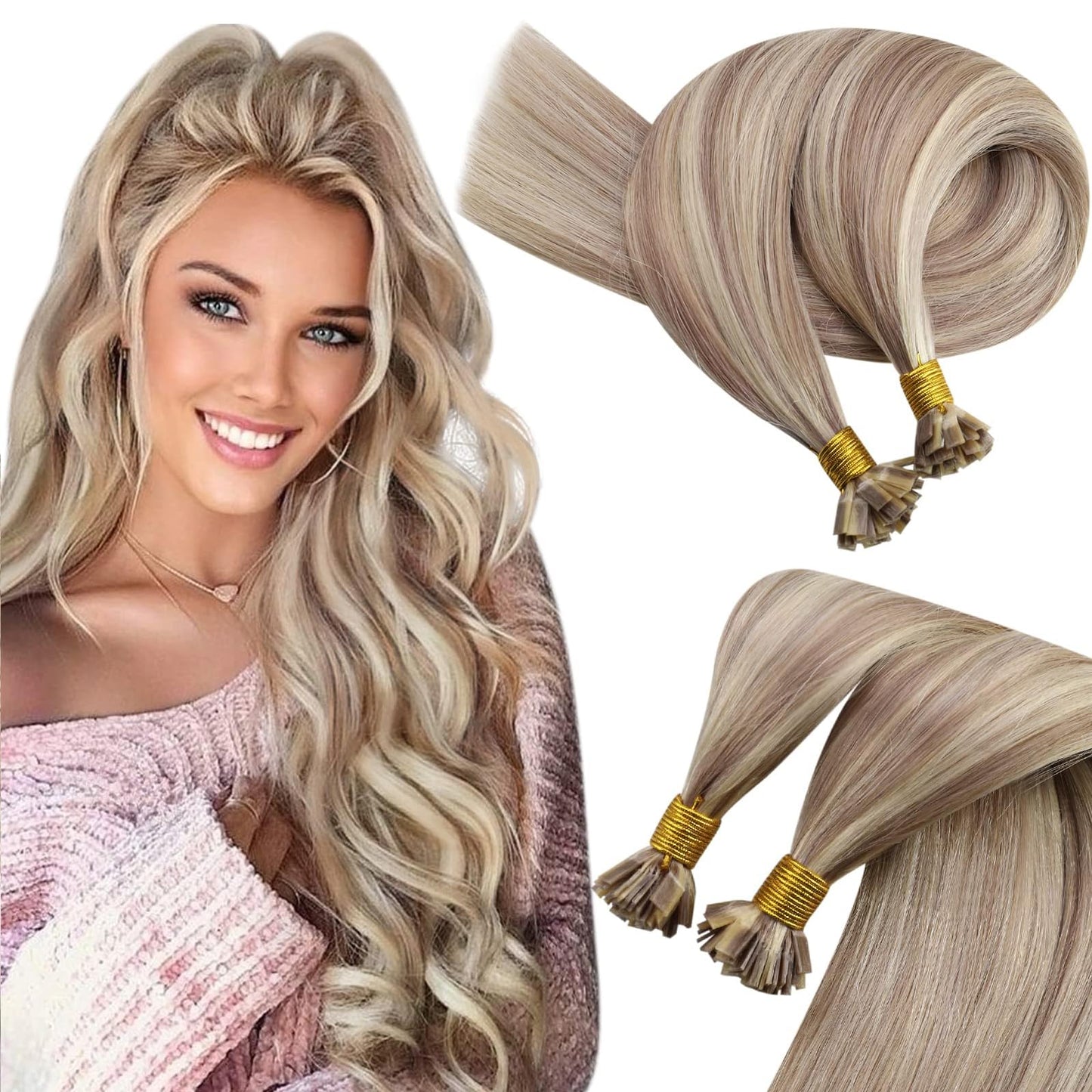 Sunny Hair Flat Tip Hair Extensions Real Human Hair Ash Blonde Mix Bleach Blonde Keratin Hair Extensions For Women Flat Tips Nat