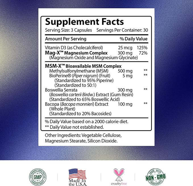 Research Verified Fibro Support - MSM, Magnesium, Vitamin D3, BioPerine - 3 Month Supply - 270 Capsules - Vegan