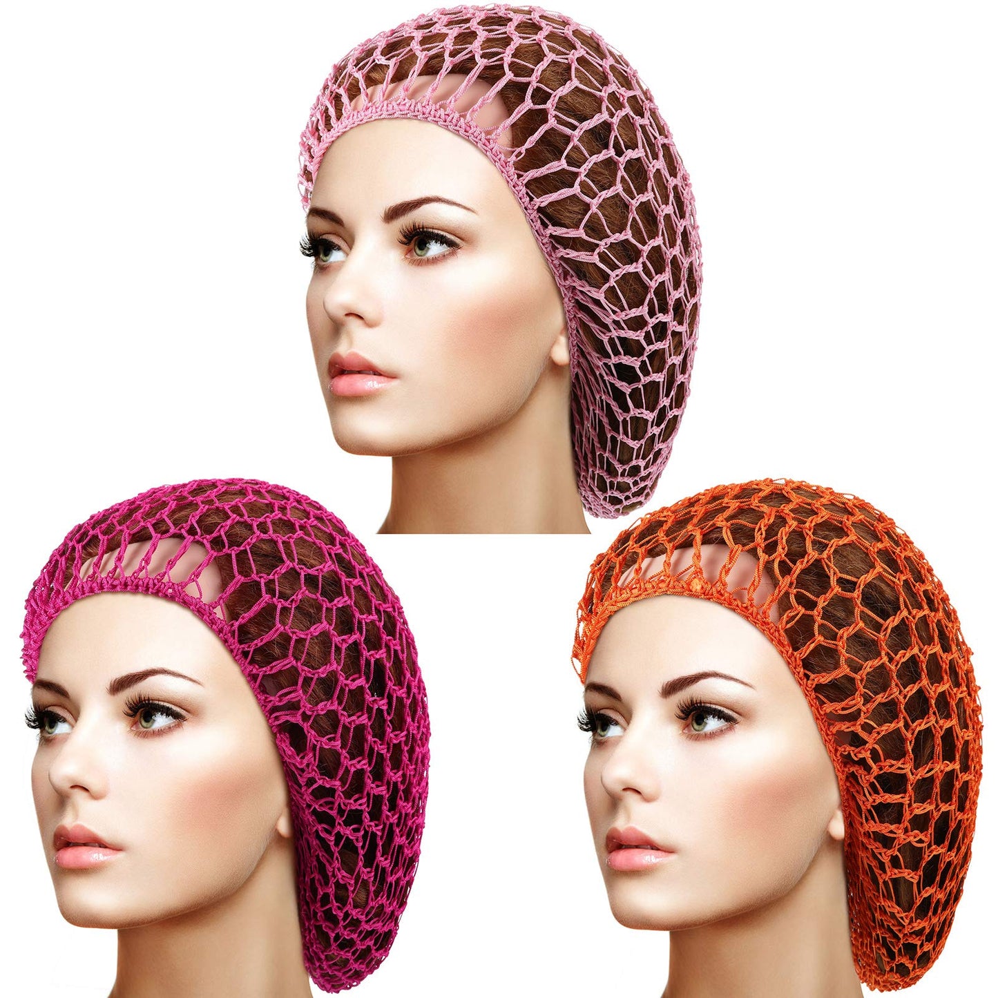 Giugu 3 Pieces Mesh Hair Net Rayon Crochet Hair Nets Knit Snood Hat Crocheted Sleep Cap (Rose Red, Pink, Orange)