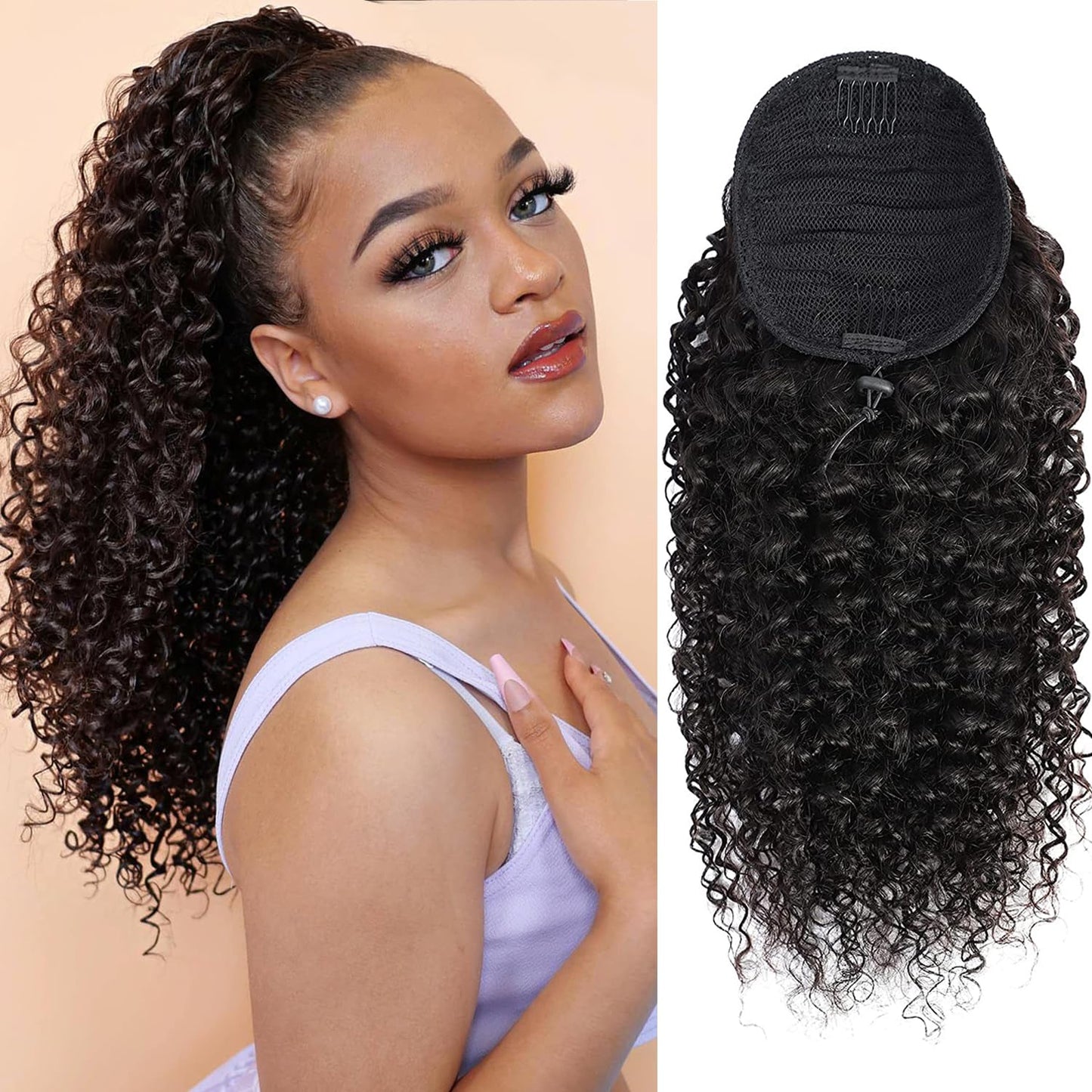 Hlsk Kinky Curly Ponytail Human Hair (20 Inch) Afro Kinky Curly Drawstring Ponytail Extension For Black Women Human Hair, 4C Nat