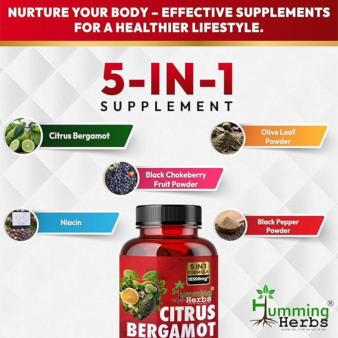 Bergamot Citrus 1110mg – Supports Heart Health – with Black Choke Berry, Niacin, Olive Leaf & Black Pepper Extract 90 Capsule