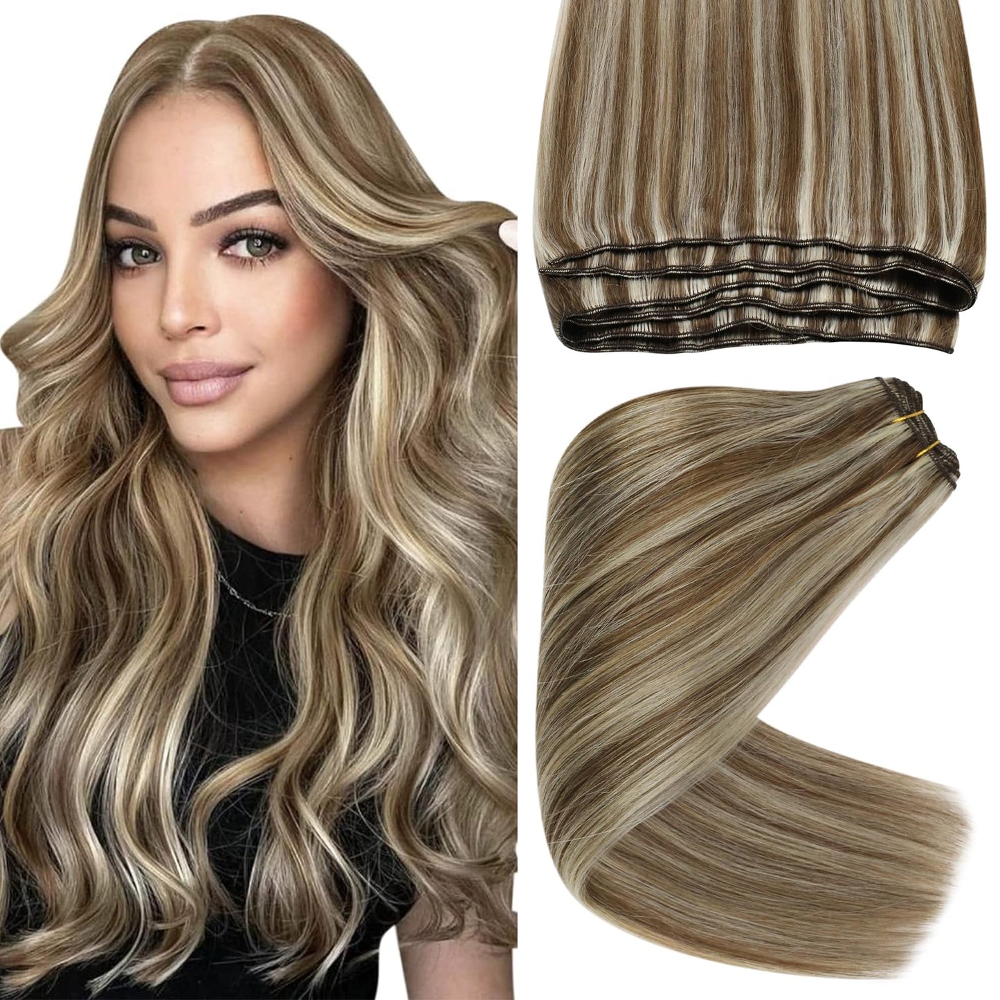 Sunny Hair Extensions Real Human Hair Weft Highlights Light Brown With Platinum Blonde Sew In Extensions Human Hair For Women We