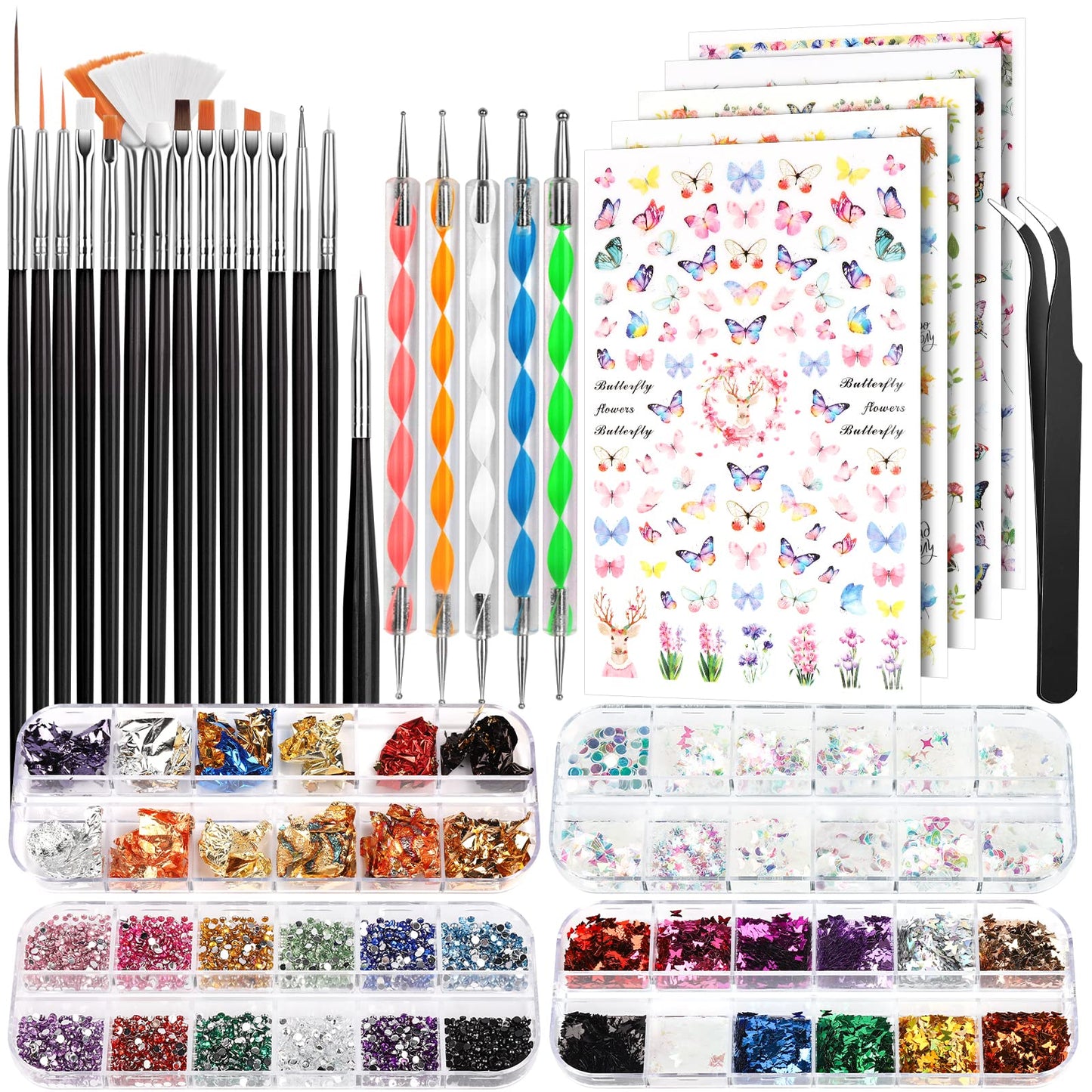Fandamei Nail Art Kit, Nail Art Brushes Set, Nail Art Dotting Tools, Nail Stickers, Butterfly Nail Art Sequins, Nail Foils, Nail