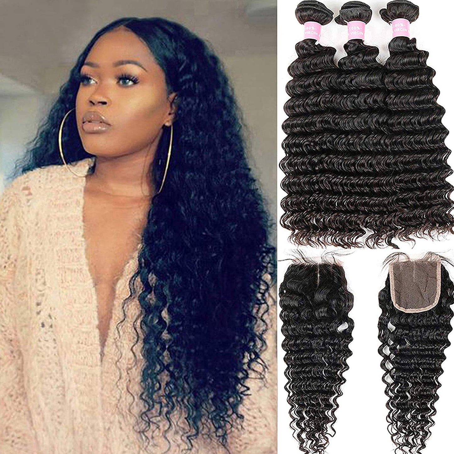 Brazilian Deep Wave Virgin Human Hair Bundles With Middle Part Lace Closure 4 4 Lace Mixed Length Hair Bundles Natural Color Fo