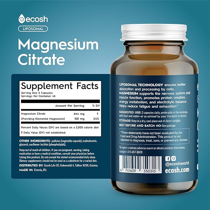 Liposomal Magnesium Citrate Capsules — High Absorption Magnesium Supplement for Constipation, Sleep, Muscle Cramps & Recovery | High Potency Mg | Easy to Swallow Veg Capsules | Non-GMO | 180 ct