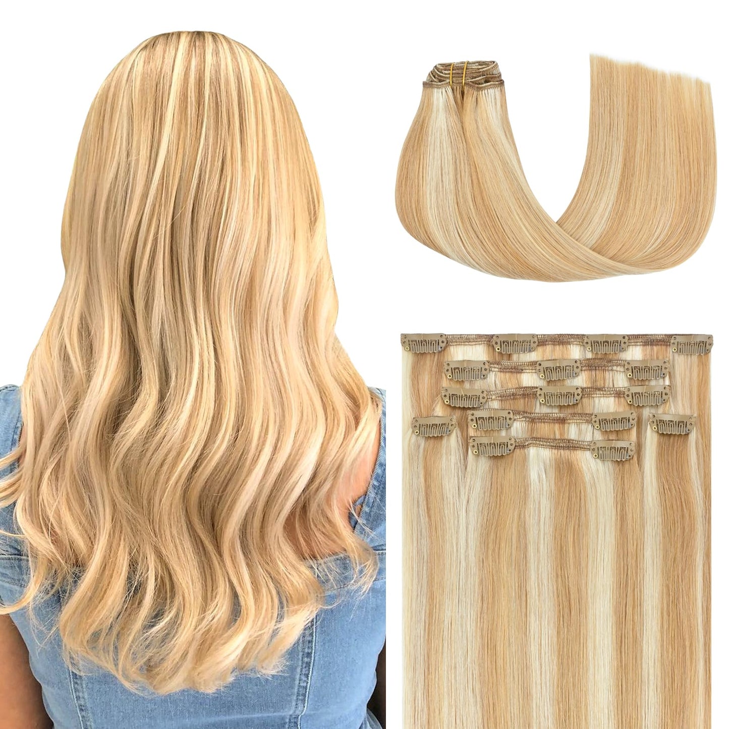 Honsoo Honey Blonde To Bleach Blonde Clip In Hair Extensions Real Human Hair 15In 70G 7Pcs Balayage Pretty Human Hair For Women