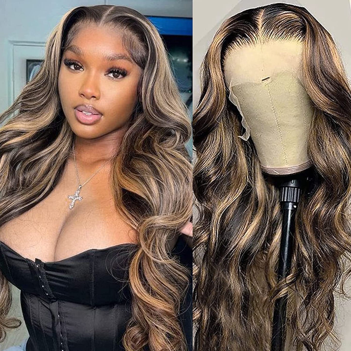 Megalook Highlight Ombre Hd 13X4 Lace Front Wigs Human Hair Pre Plucked 200% Density Balayage Wig Human Hair Body Wave Lace Fron