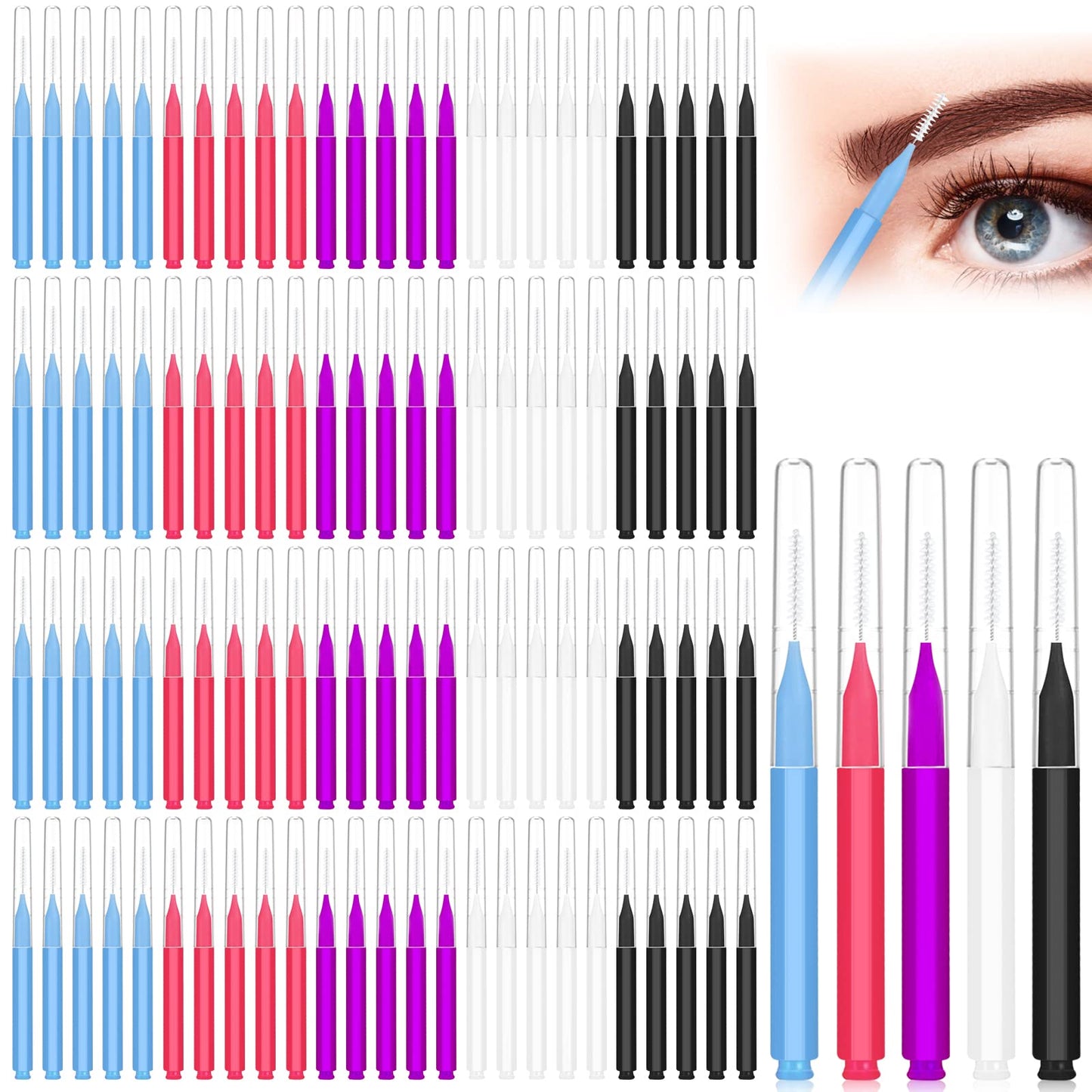 100Pcs Micro Eyebrow Brush, Eyelash Comb Brush With Cap, Multifunctional Brow Lamination Brush Eyebrow Spoolies For Eyebrows, Po