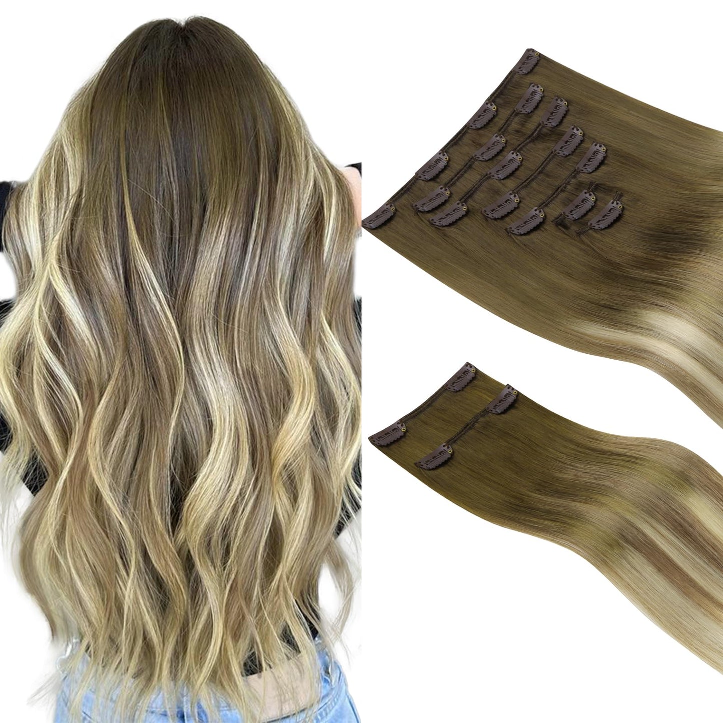 Hotbanana Clip In Hair Extensions Real Human Hair 140G 9Pcs 24 Inch Walnut Brown To Ash Brown And Bleach Blonde Clip In Human Ha