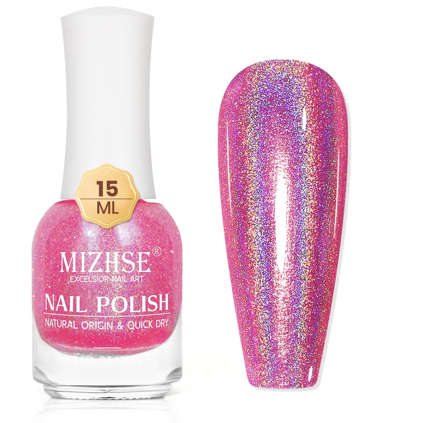 Mizhse Holographic Nail Polish, Pink Glitter Nail Polish Air Dry Fast, 15 Ml High Glossy Shimmer Nail Pigment Oil-Based Laser Ir