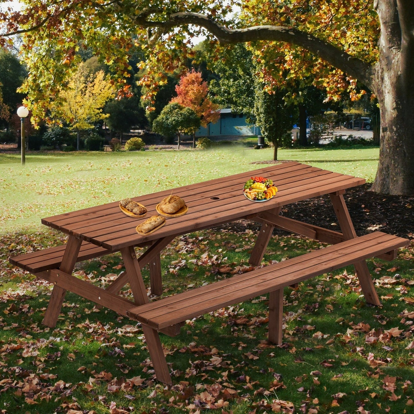 75 Inch Picnic Table, 8-Person Wooden Picnic Table with 2 Built-In Benches, Outdoor Camping Dining Table for Backyard, Garden, Patio, DIY Assembly, 2220 lbs Capacity, Brown