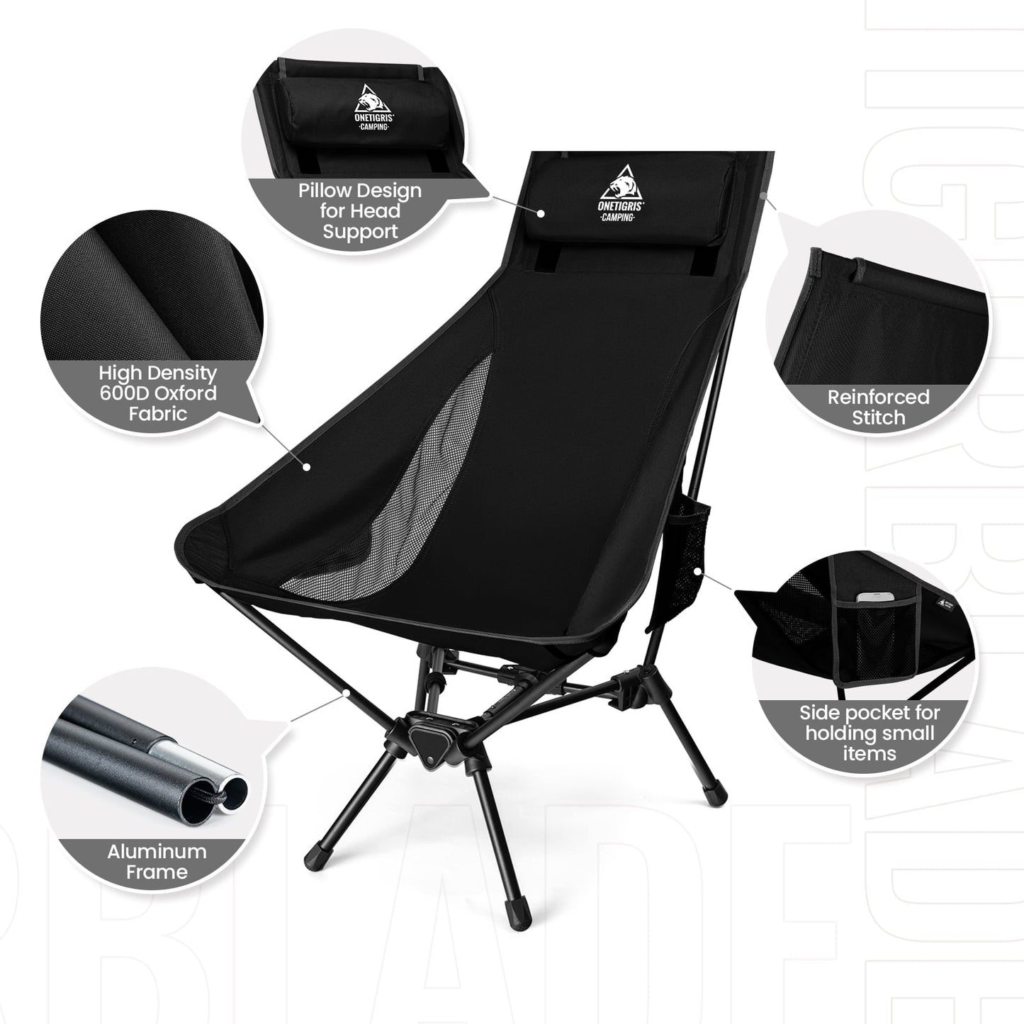 OneTigris Tigerblade High Back Camping Chair with Pillow Design, Comfortable Widened Seat Folding Chair