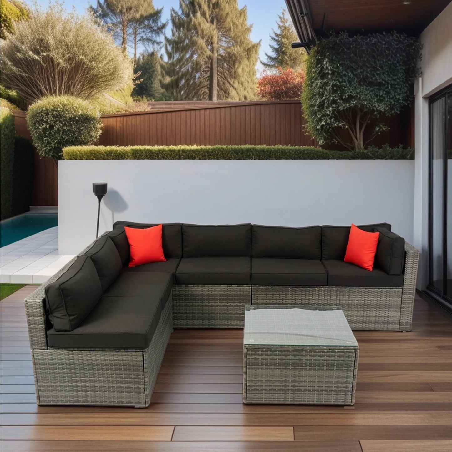 Olurrisa 5 Pieces PE Rattan sectional Outdoor Furniture Cushioned U Sofa set with 2 Pillow Grey wicker + Black Cushion