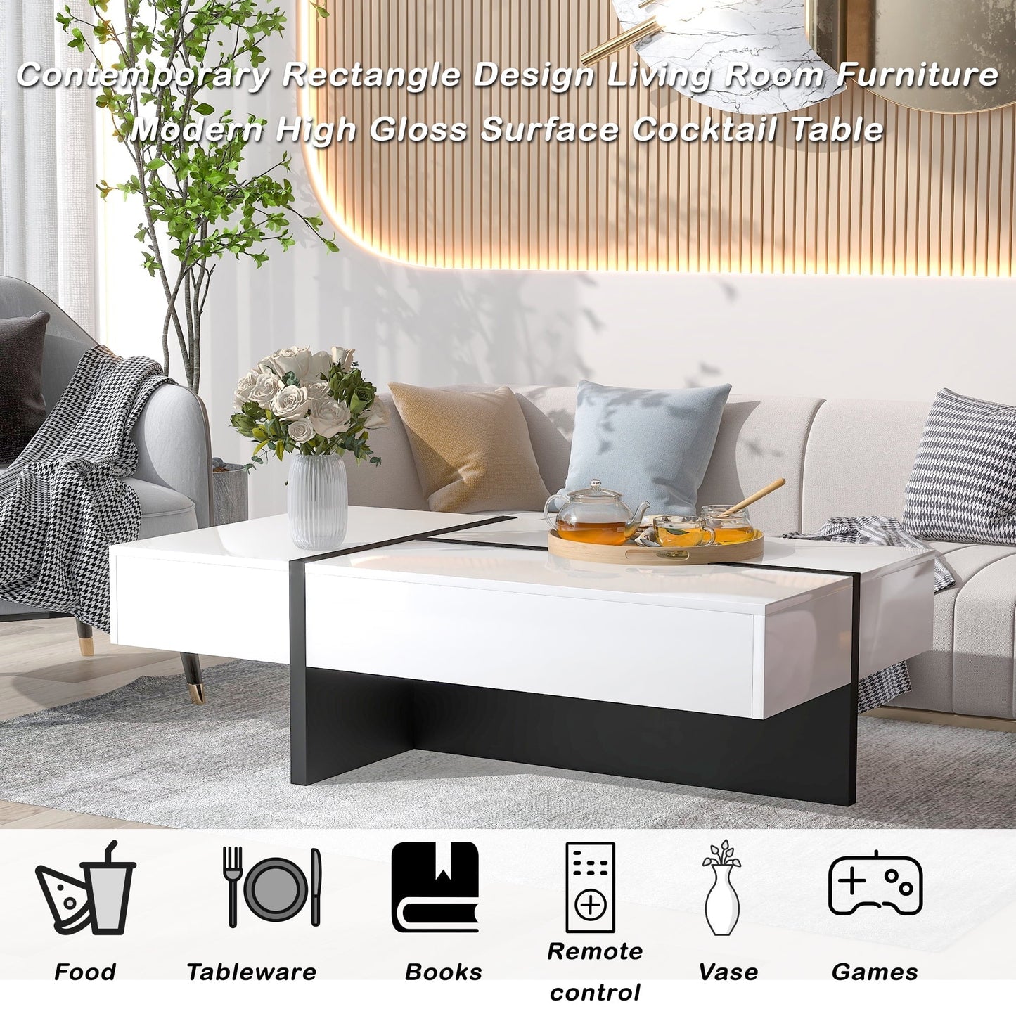 Dovelina Contemporary Rectangle Coffee Table with High Gloss Surface, Modern Center Table for Sofa or Upholstered Chairs, 45.2" x 25.5" x 13.7", White
