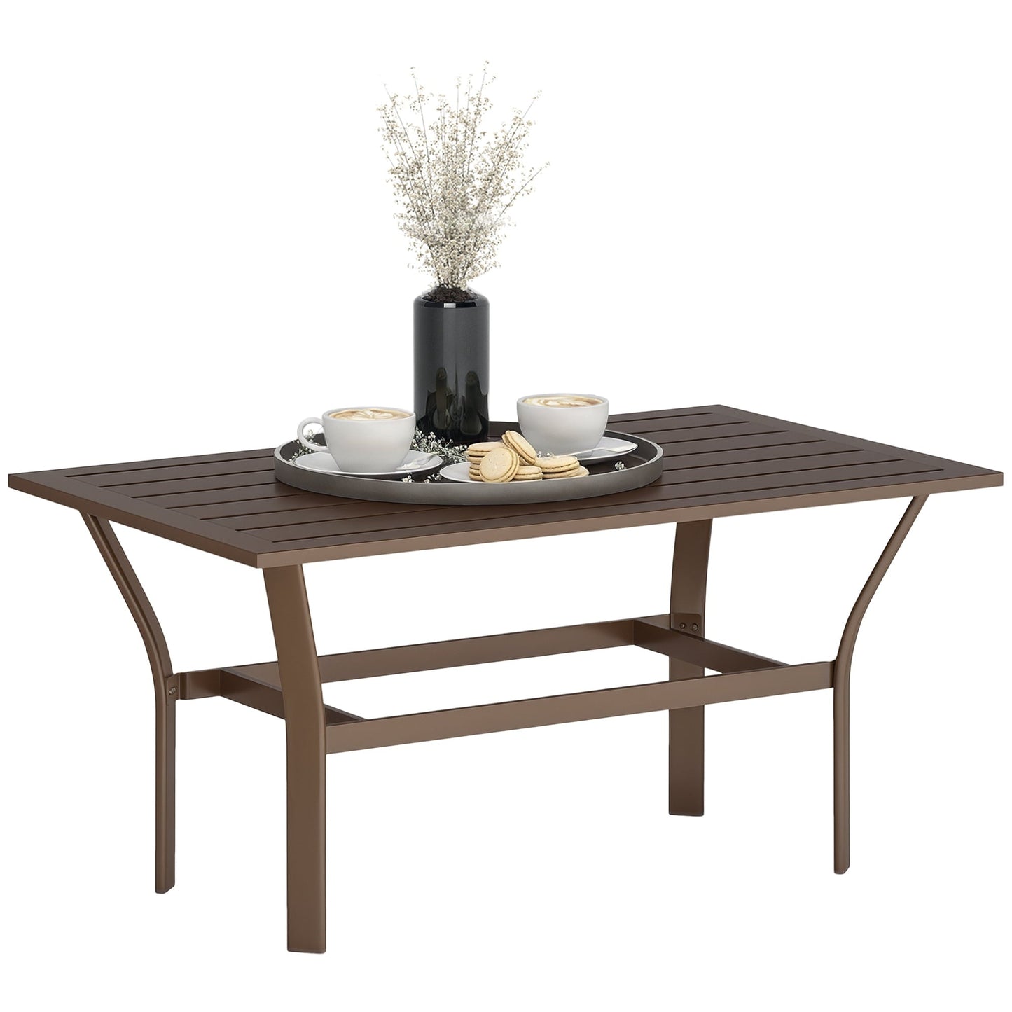 LEIYY Outdoor Coffee Table, All-Weather Rectangle Metal Patio Coffee Table with Slatted Tabletop for Outside, Patio, Garden, Balcony, Backyard,Brown