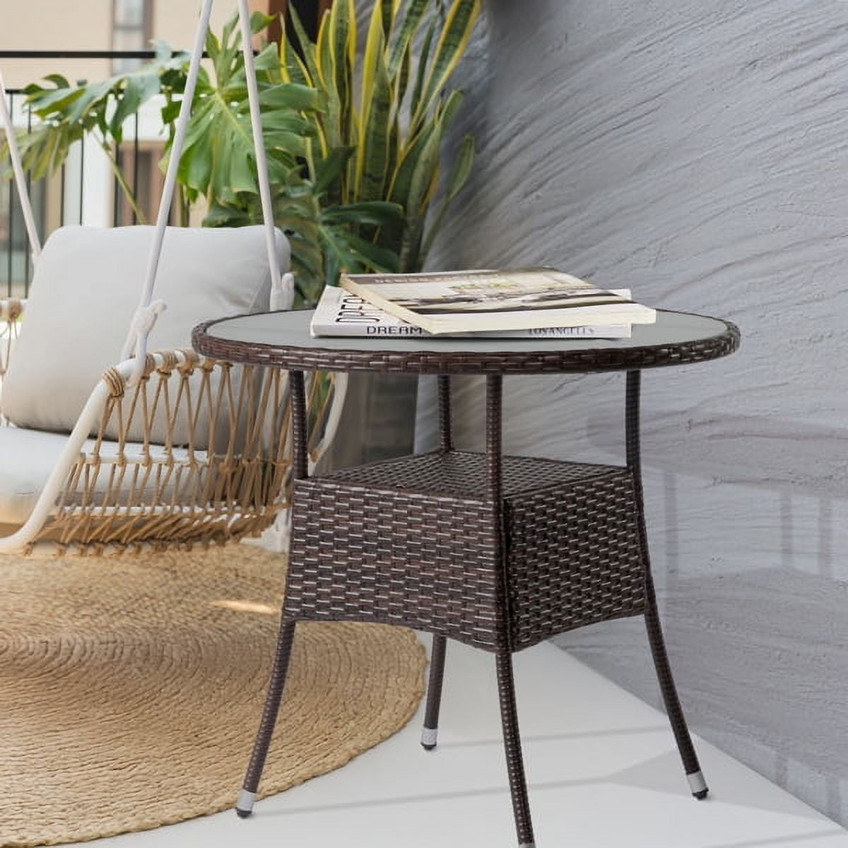 31.5" Patio Table for 4-Person, Outdoor Patio Wicker Round Dining Table, All-Weather Rattan Bistro Dining Table w/Glass Tabletop for Backyard Deck Porch Poolside, Brown