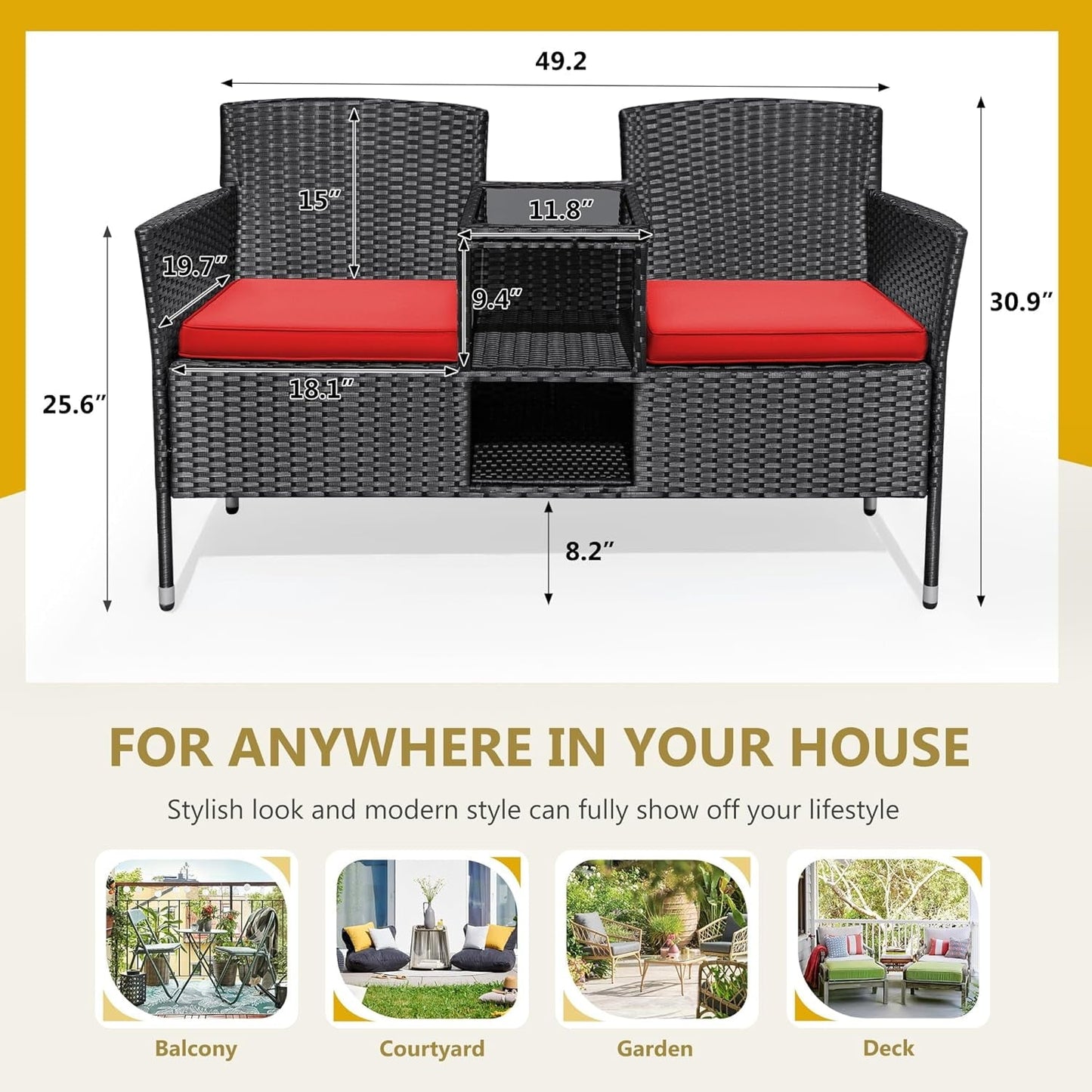 CRXX Outdoor Furniture Patio Loveseat Wicker 2-Seat with Built-in Table and Cushions Rattan Porch Chairs Bench for Balcony, Lawn, Backyard (Red)