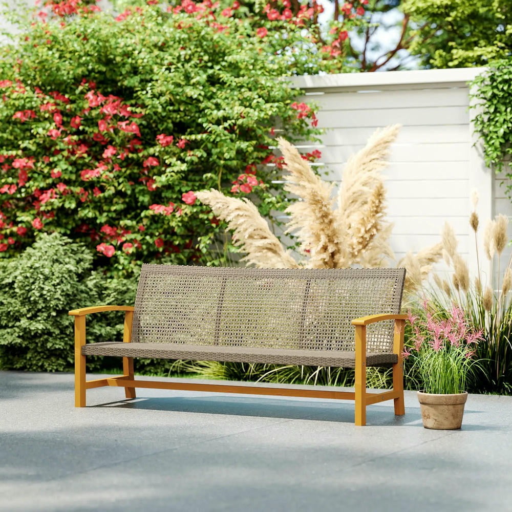 YYAo Patio Couch, Outdoor Sofa,3-Seat Wicker Outdoor Couch Patio Sofa, Acacia Wood Patio Furniture with Steel Seat Armrests, Teak