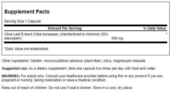 Swanson Olive Leaf Extract Supplement - Standardized to 20% oleuropein - (500mg, 60 Capsules)