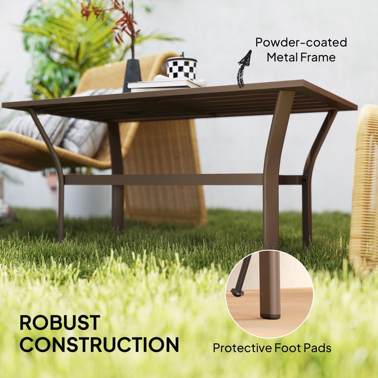 LEIYY Outdoor Coffee Table, All-Weather Rectangle Metal Patio Coffee Table with Slatted Tabletop for Outside, Patio, Garden, Balcony, Backyard,Brown