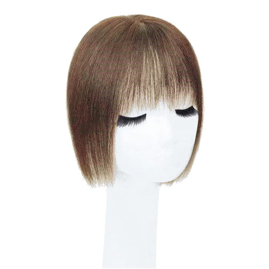 Middle Part Silk Part Base Human Hair Topper 7x10cm Crown Straight Clip in Hairpiece with Wispy Fringe 20cm Medium Brown