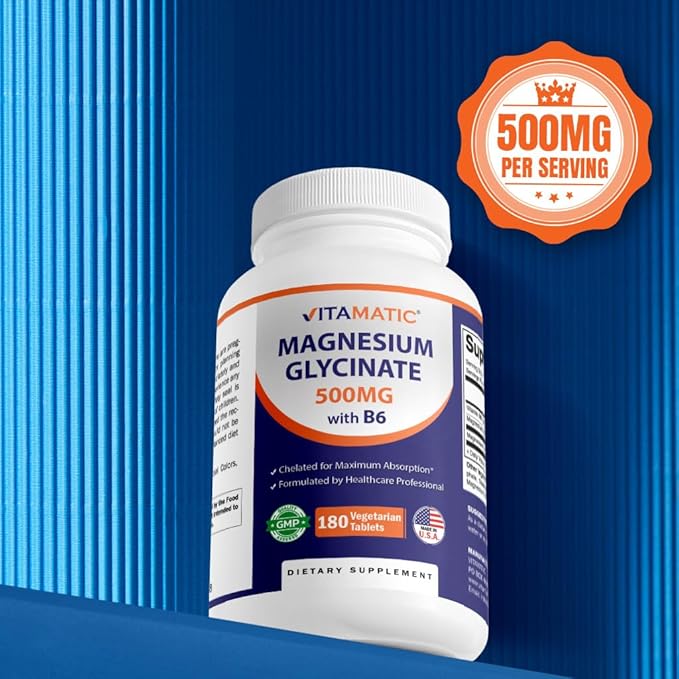 Vitamatic Magnesium Glycinate 500mg per Tablet - 180 Vegetarian Tablets (Uncoated) - Added B6 for Maximum Absorption - Supports Muscle, Joint, and Heart Health* 2 Packs