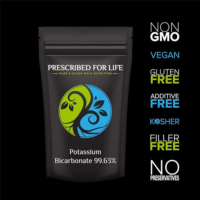 Prescribed for Life Potassium Bicarbonate Powder, Pure USP & Food Grade Potassium Bicarbonate for Plants, Winemaking, & Baking, Crystalline Powder, 39% K (2kg / 4.4lb)