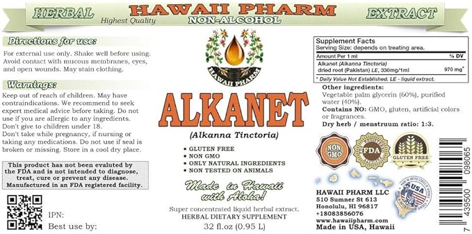 Alkanet Alcohol-Free Liquid Extract, Alkanet (Alkanna Tinctoria) Dried Root Glycerite Hawaii Pharm Natural Herbal Supplement 2x32 oz Unfiltered