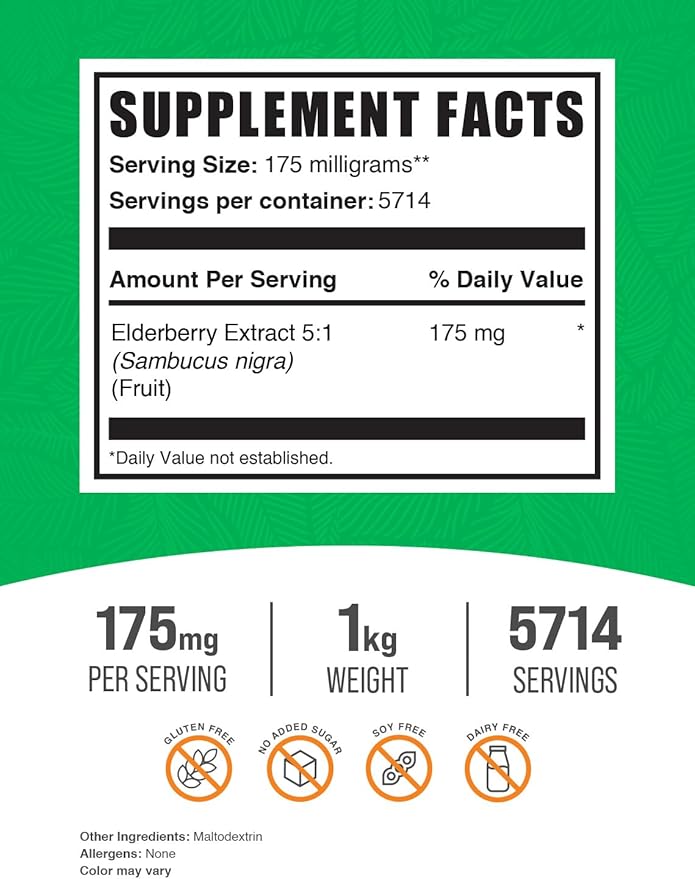 BulkSupplements.com Elderberry Extract Powder - Elderberry Supplements, from Black Elderberry - for Immune Support, Gluten Free - 175mg per Serving, 1kg (2.2 lbs) (Pack of 1)