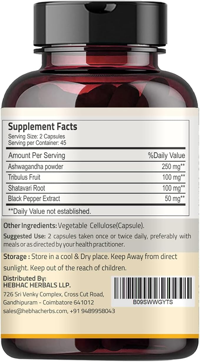 Ashwagandha Capsules Organic 1000mg (90 Capsules) Made with Tribulus Terrestris, Shatavari and Black Pepper Organic Ingredients | 45 Days Supply