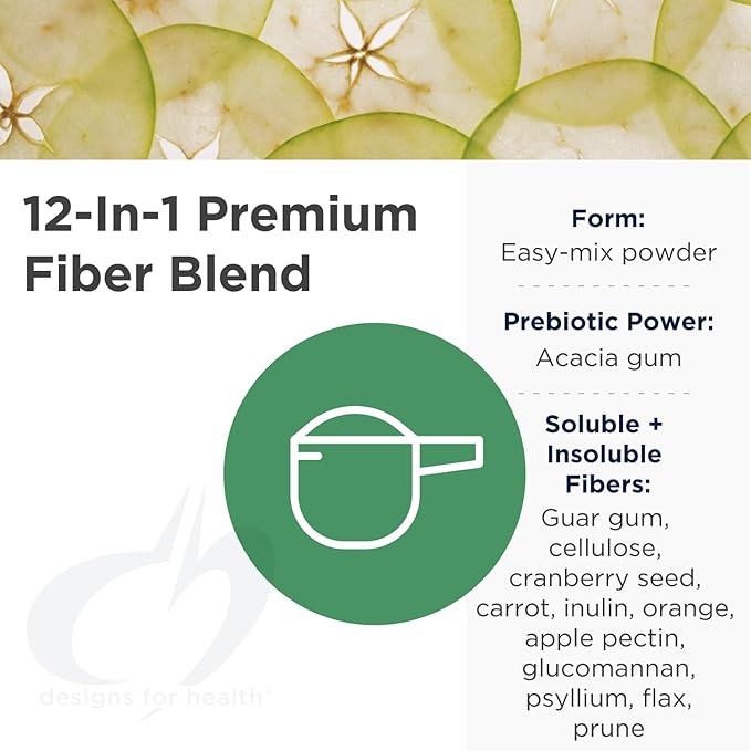 Designs for Health PaleoFiber - 12 Digestive Fiber Blend Powder Supplement with Psyllium Husk, Flax + Apple Pectin - Prebiotic Gut Support, Unflavored + Unsweetened - Vegan (60 Servings / 300g)