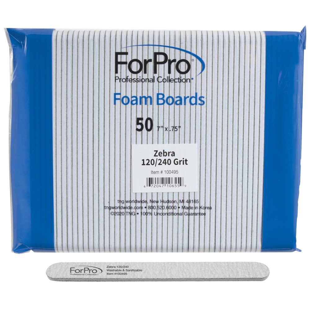 Forpro Zebra Foam Board, 120/240 Grit, Double-Sided Manicure Nail File, 7    L X .75    W 50-Count