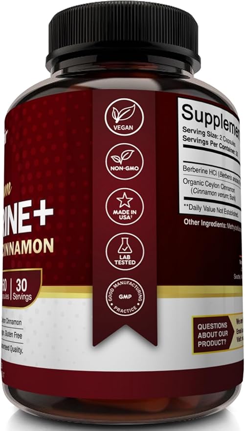 NutriFlair Premium Berberine HCL 1200mg, 60 Capsules - Plus Pure True Ceylon Cinnamon, Berberine HCI Root Supplements Pills - Immune System - yields an Optimal 8% Berberine