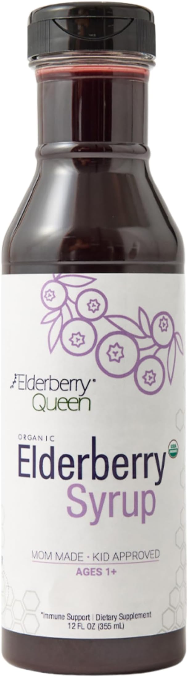 Elderberry Queen Organic Elderberry Syrup 12 Fl Oz - Immune Support Formula with Sambucus Black Elderberry & Aronia Berry - Pure Natural Certified Organic Elderberry Syrup for Kids and Adults