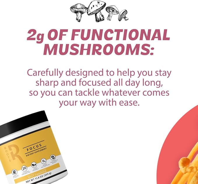 Roots Focus Nootropic Brain Supplement, Spicy Pineapple, Blend of Lion's Mane, Cordyceps, and Reishi Functional Mushrooms with Extended-Release Caffeine, 15 Servings