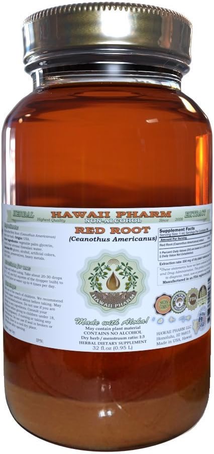 Red Root Alcohol-Free Liquid Extract, Red Root (Ceanothus Americanus) Dried Root Bark Glycerite Natural Herbal Supplement, Hawaii Pharm, USA 32 fl.oz
