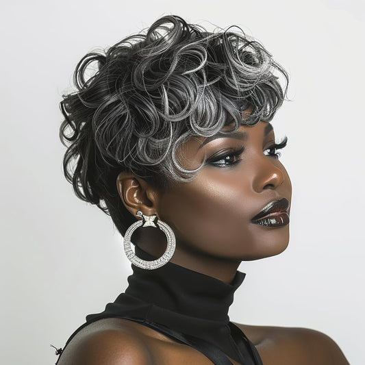 Short Wigs For Black Women Grey Pixie Cut Wigs For Women Black Mixed Grey Pixie Wigs With Bangs Synthetic Short Pixie Cut Wigs F