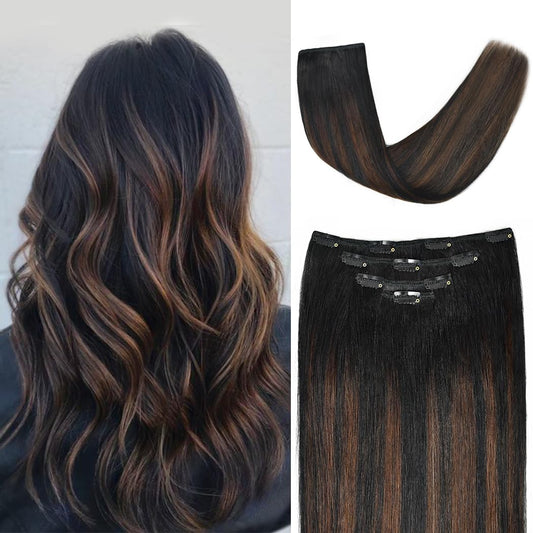 20'' Clip In Hair Extensions Remy Human Hair For Women - Silky Straight Balayage Clip On Real Hair Extensions 75Grams 4Pieces (2