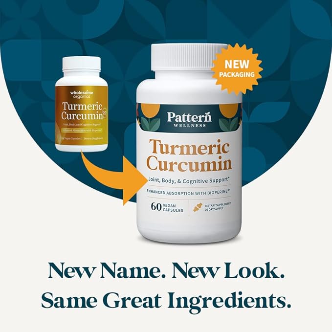 Pattern Wellness Turmeric Curcumin - 1300mg - 95% Curcuminoids with Bioperine Black Pepper Extract - Natural Joint, Health & Cognitive Support - Non-GMO, Gluten Free - 60 Capsules