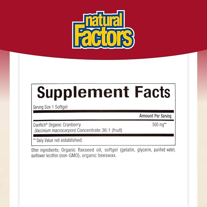 CranRich by Natural Factors, Super Strength Cranberry Concentrate, Antioxidant Supplement for Urinary Tract Support, Non-GMO, 90 softgels (90 servings)