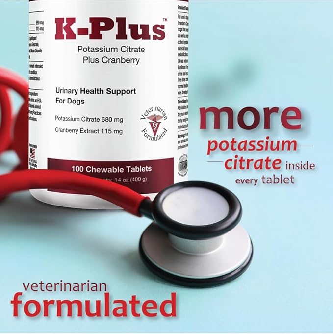 K-Plus Potassium Citrate Plus Cranberry Supplement for Dogs - UTI Remedy Chewable Tablets - Supports Bladder Health - For Every Dog Breed (100 Tabs)